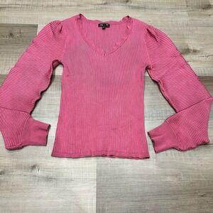 Pink V Neck Puffy Long Sleeved Women's Fitted Ribbed Sweater Coquette Fairy MED